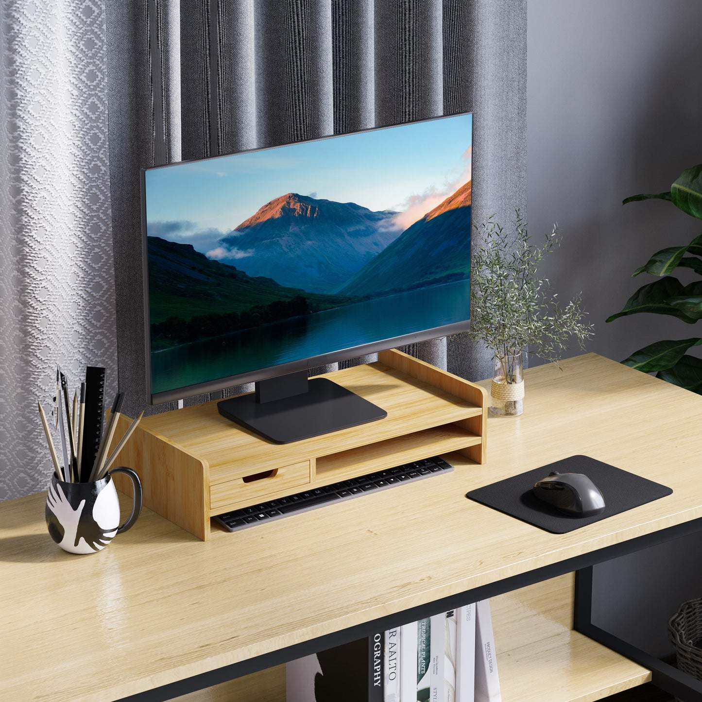 HOMCOM Monitorständer mit Schublade Bildschirmerhöhung Monitor Ständer Bildschirmständer für PC Notebook Drucker 49 x 25,5 x 11,5 cm Natur