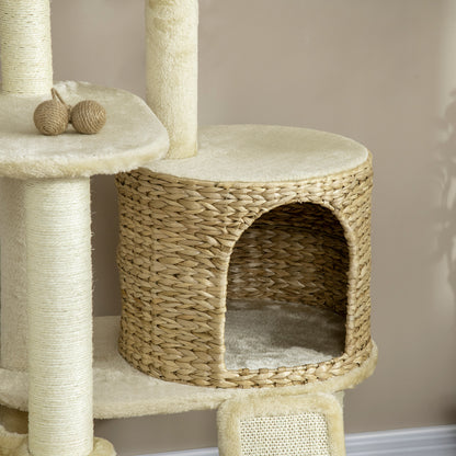 PawHut Kratzbaum, mit Katzenhaus, mehrere Plattformen, Hängematte, Kratzmatte, Kippschutz, beige, 60 x 60 x 150cm