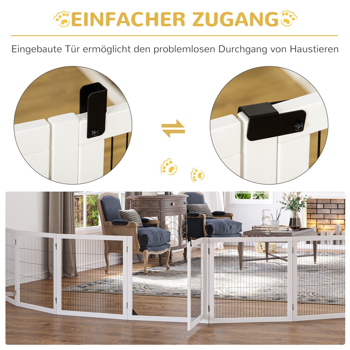 PawHut Absperrgitter für Hunde, klappbar, 432 x 36 x 70 cm, Kiefernholz, Weiß
