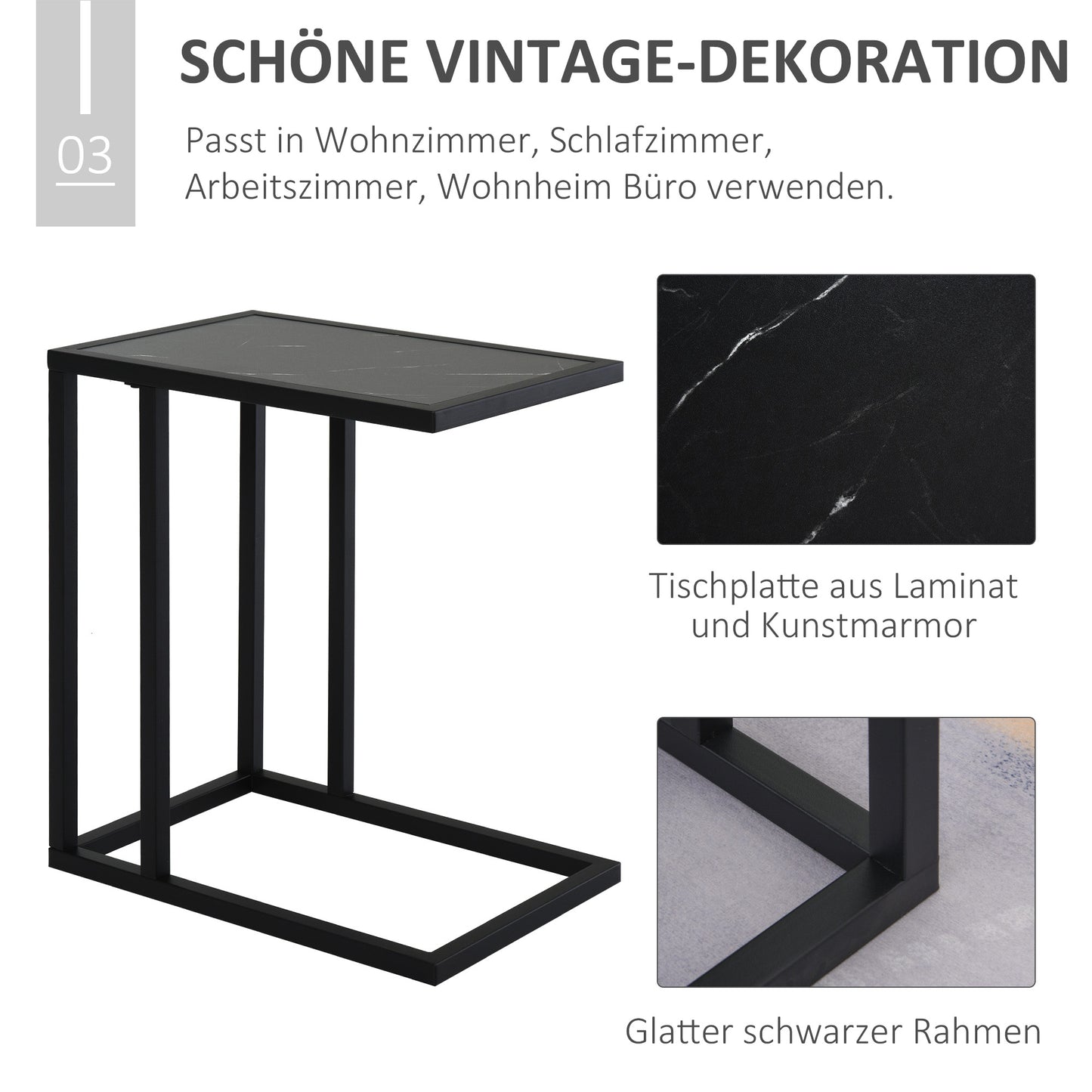 HOMCOM Beistelltisch, C-förmig, platzsparend, Nachttisch/Couchtisch, Marmoroptik, 45 x 30 x 51,5 cm