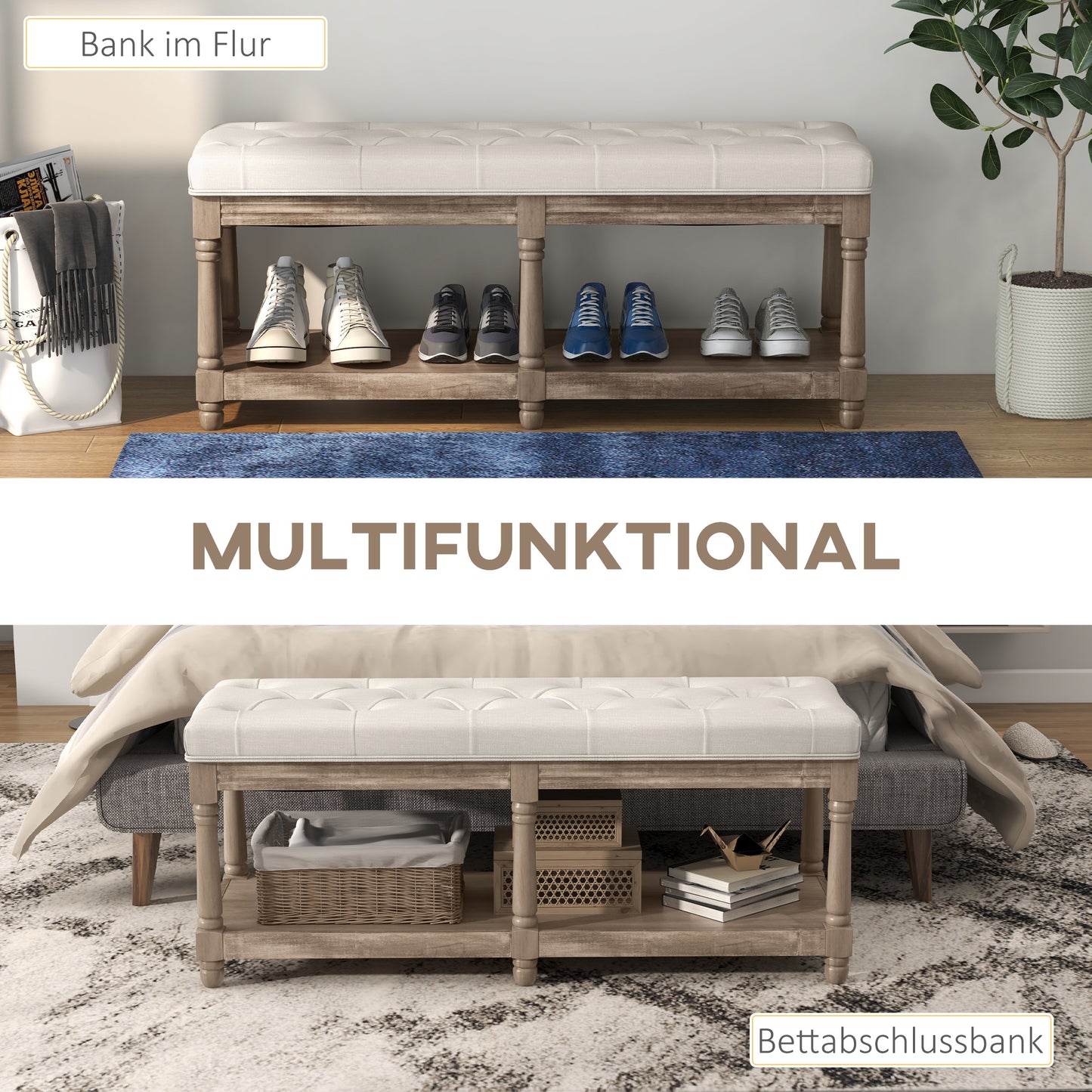 HOMCOM Sitzbank mit Stauraum, Vintage-Design, Knopfheftung, Kautschukbaumholz, 115x40x48cm, Cremeweiß
