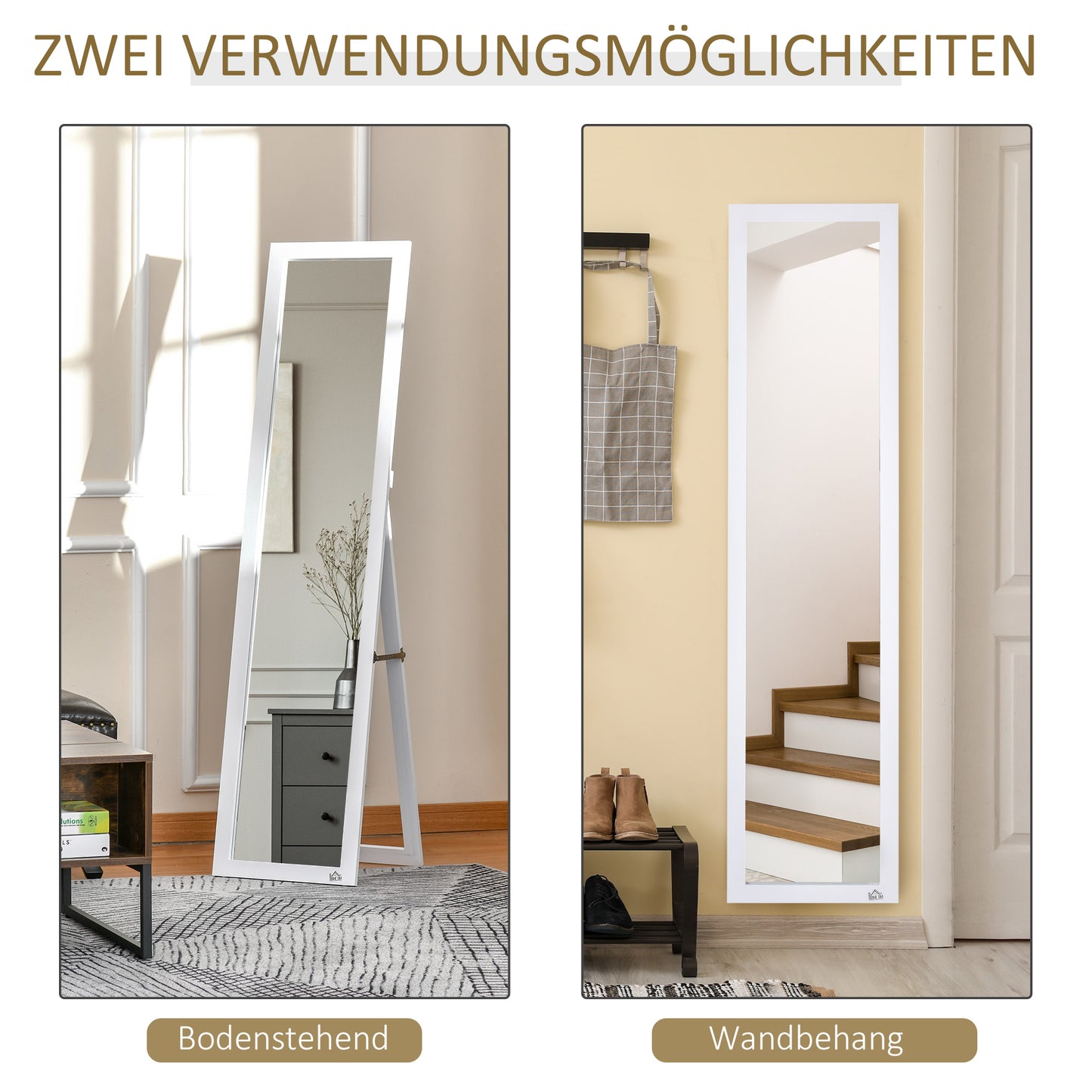 HOMCOM Ganzkörperspiegel, freistehend, Wandmontage, MDF-Rahmen, 37 x 37 x 154 cm, Weiß