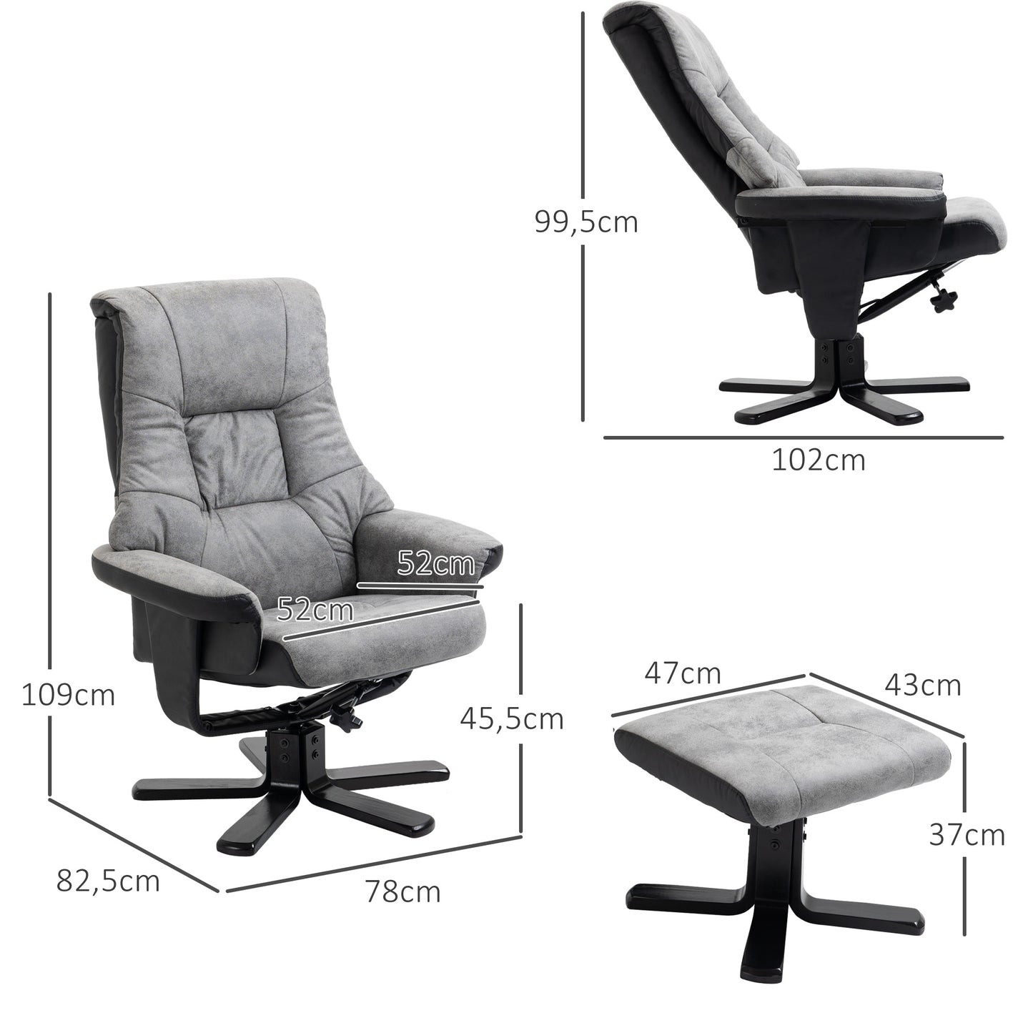 HOMCOM Relaxsessel mit Hocker, 360° drehbar, 135° neigbar, atmungsaktiver Bezug, 78 x 82,5 x 109 cm, grau