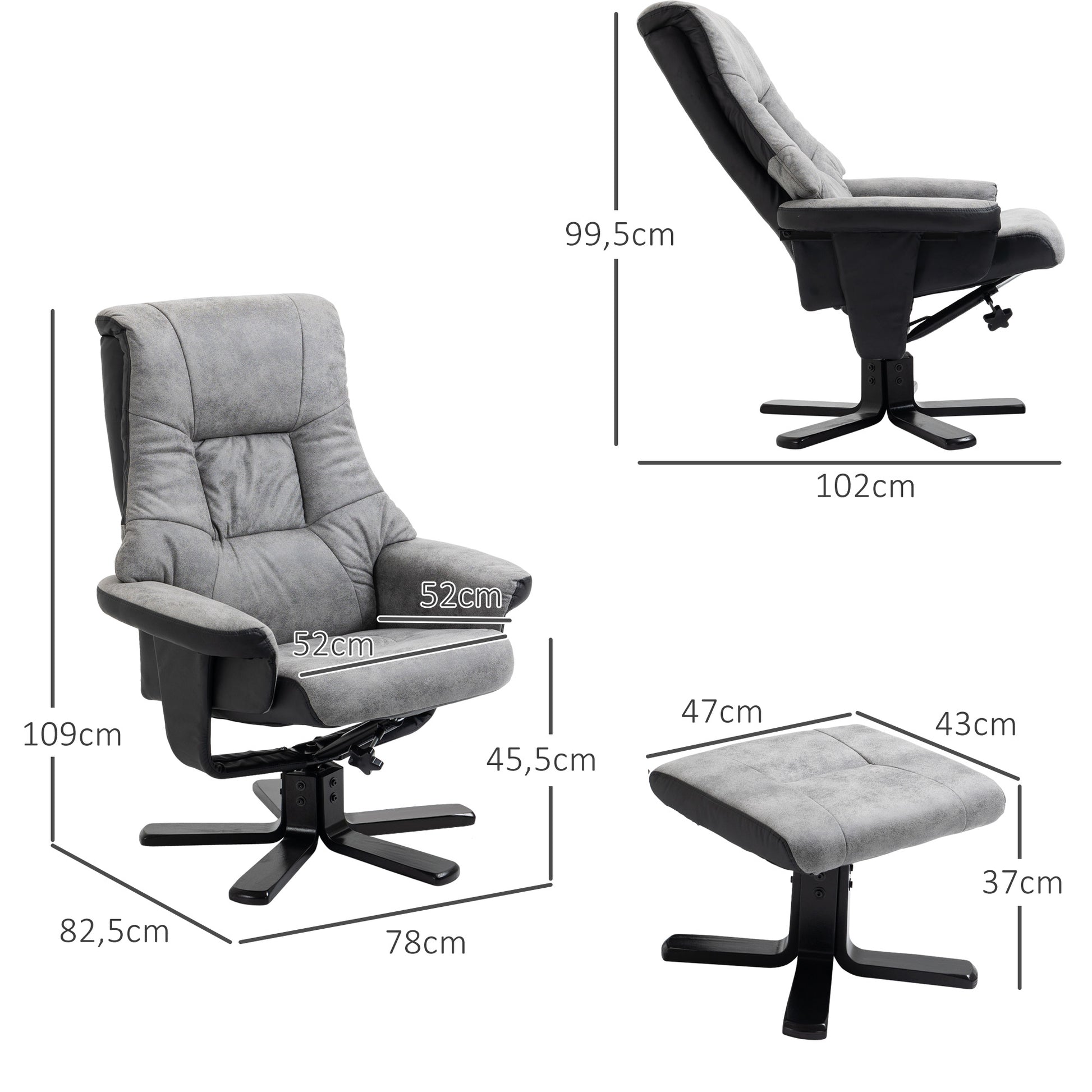 HOMCOM Relaxsessel mit Hocker, 360° drehbar, 135° neigbar, atmungsaktiver Bezug, 78 x 82,5 x 109 cm, grau