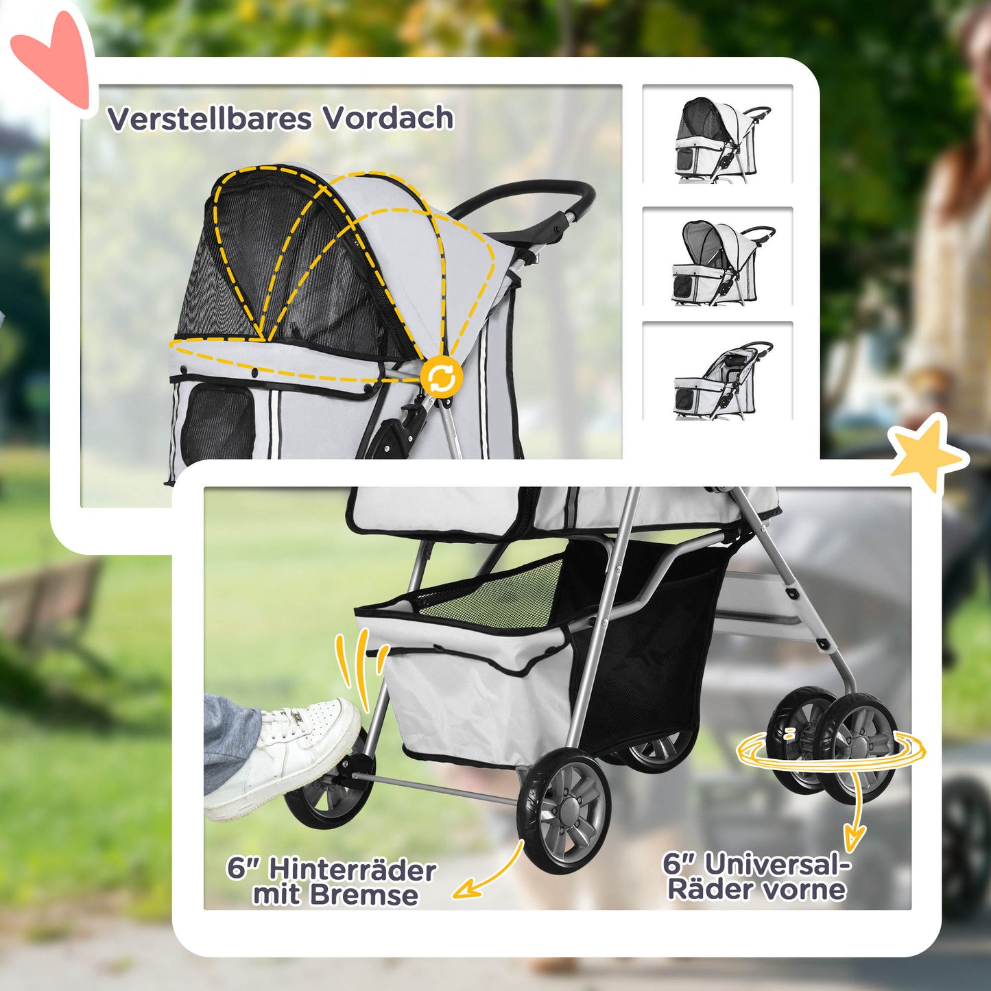 PawHut Hundewagen Hundebuggy bis 10 kg Klappbar verstellbares Vordach 2 Becherhalter Sonnendach Silber