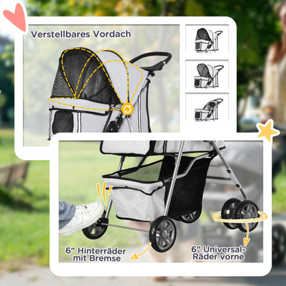 PawHut Hundewagen Hundebuggy bis 10 kg Klappbar verstellbares Vordach 2 Becherhalter Sonnendach Silber