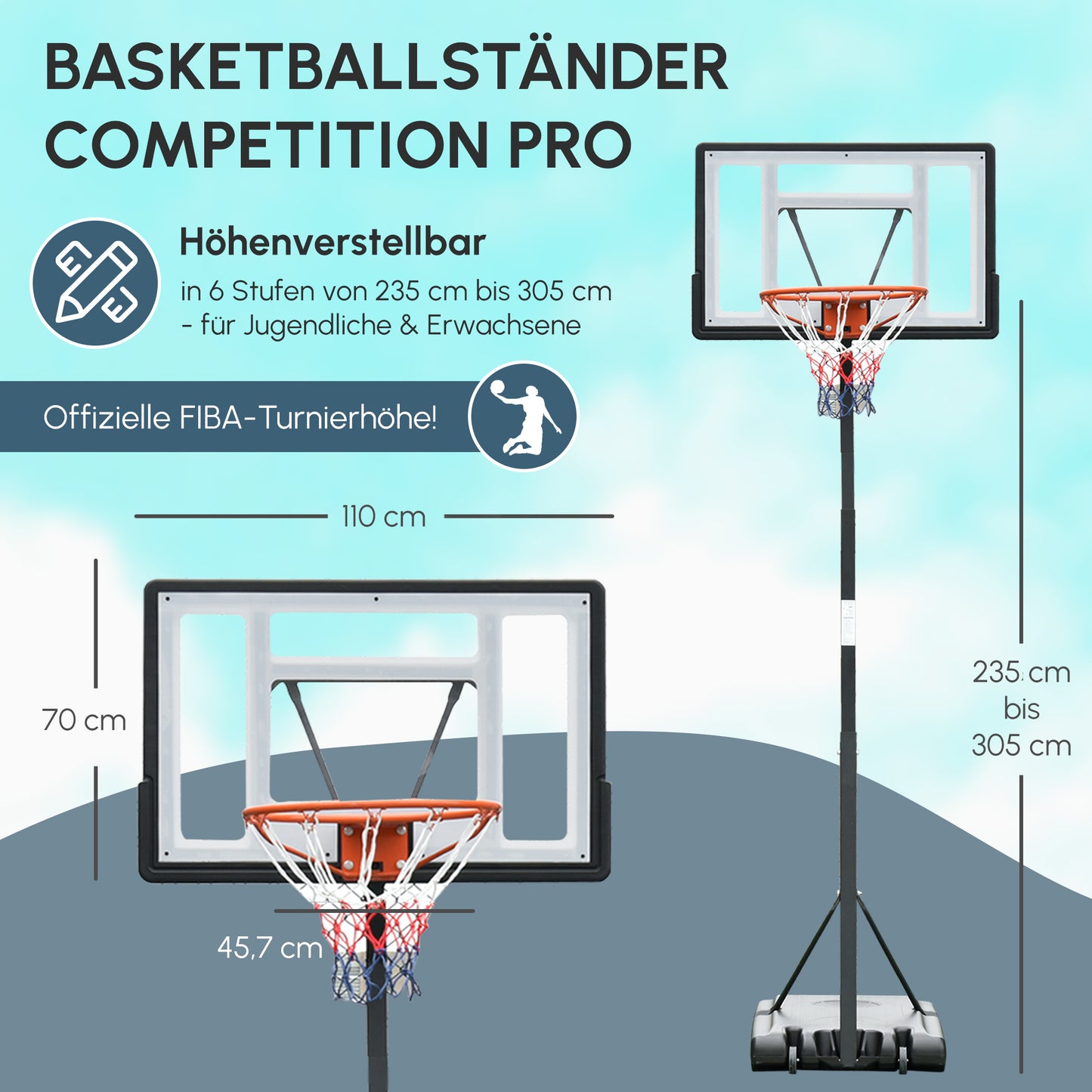 HOMCOM Basketballkorb Outdoor mit Ständer, 255–305cm Höhenverstellbar Basketballständer mit Rollen, Basketball-Backboard Ständer, Basketballanlage, Stahl