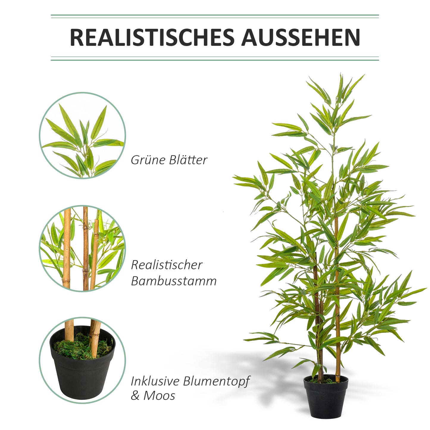 Outsunny Künstlicher Bambus, Kunstpflanze, Dekopflanze mit Topf, Kunstbaum, Baumdekoration, 120 cm
