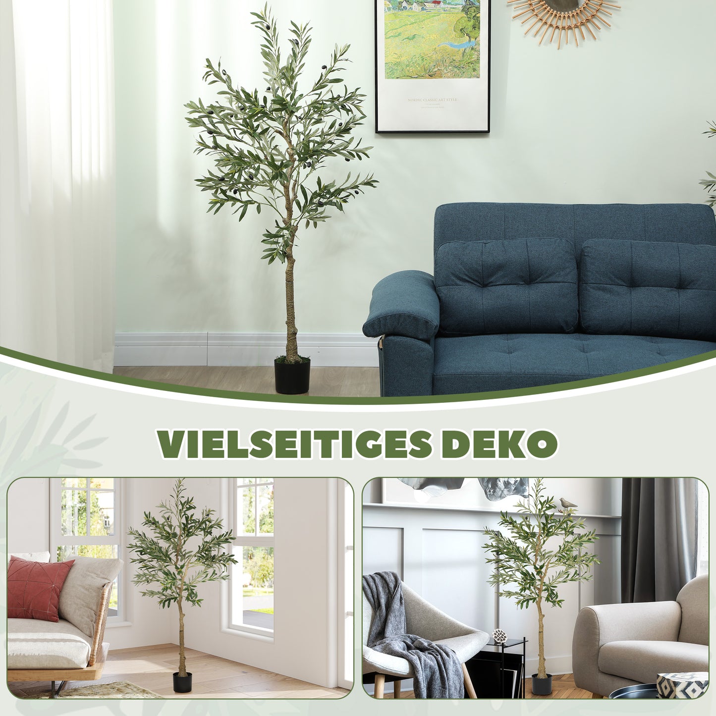 HOMCOM Kunstpflanze، Künstlicher Olivenbaum، 150 سم، 720 Blätter، 40 Oliven، مثبت Blumentopf، Dekorationspflanze، Grün