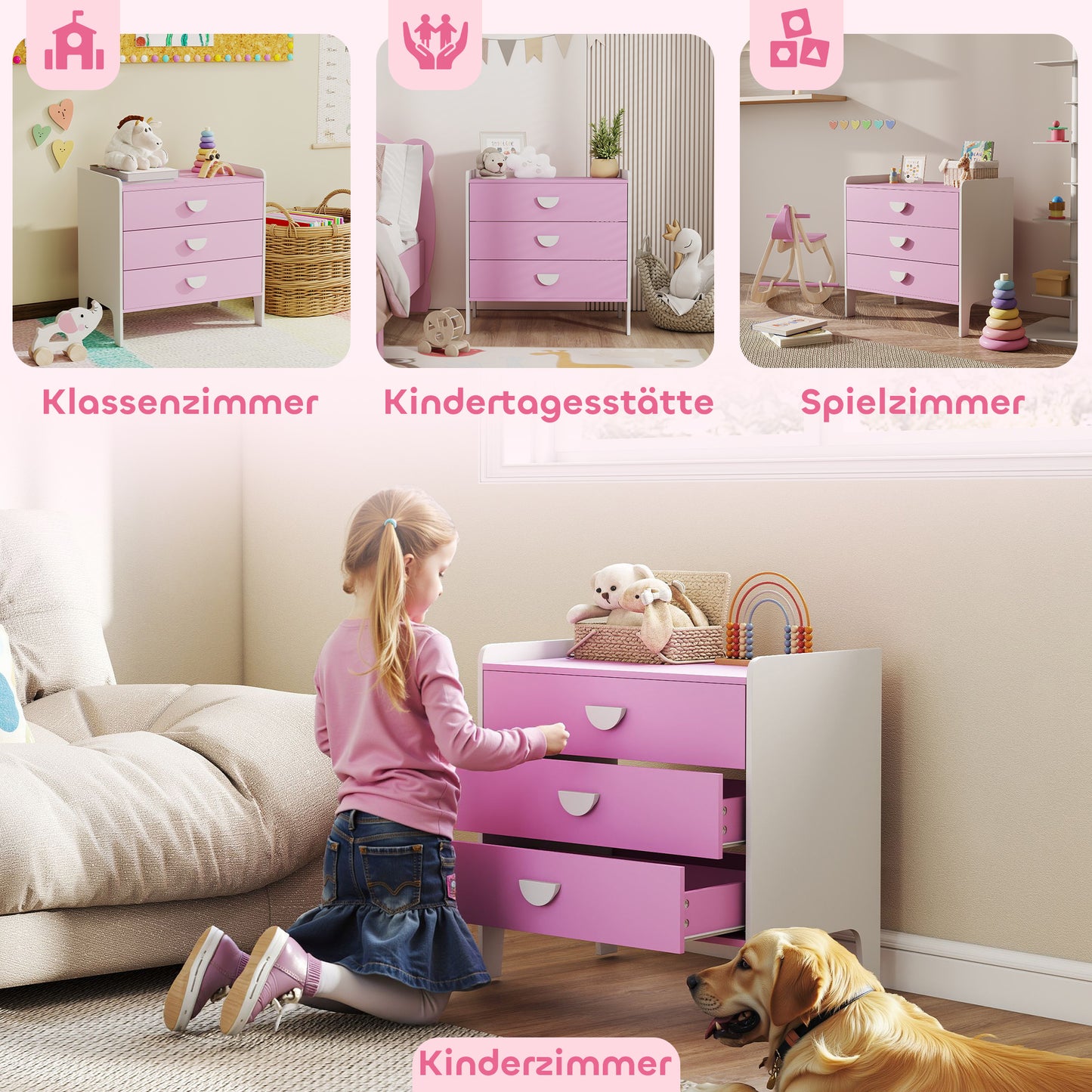 AIYAPLAY Kinder-Kommode mit 3 Schubladen, MDF, Aufbewahrungsschrank für Kinder, Rosa+Weiß