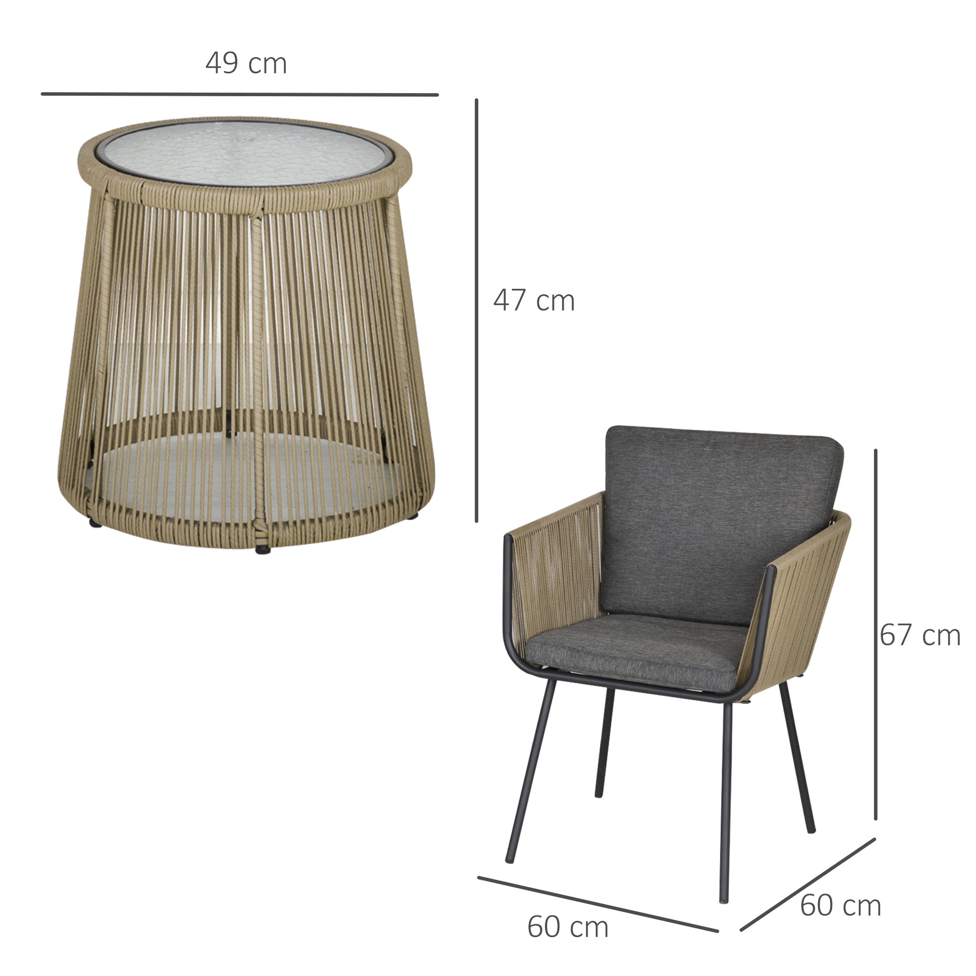 Outsunny 3-teilige Sitzgruppe, 2 Stühle, Beistelltisch, Sitz- & Rückenkissen, Hartglas-Tischplatte, Kunstrattan, Grau