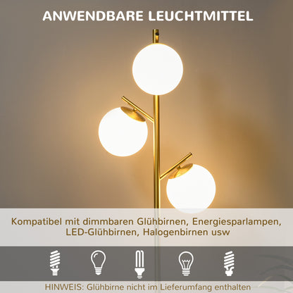 HOMCOM Stehleuchte im Retro-Design, Stehlampe, Stehlampe mit 3 Lampenschirmen, Glas, Gold