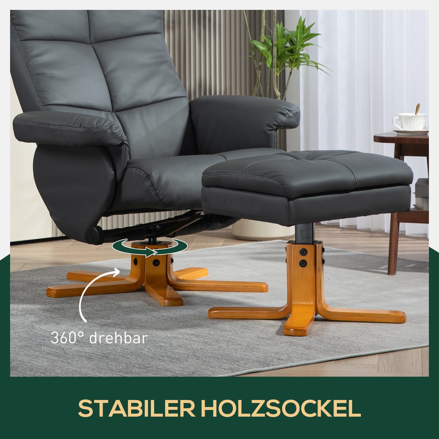 HOMCOM Relaxsessel mit Hocker, 145° neigbare Rückenlehne, 360° drehbar, Kunstleder, Dunkelgrau