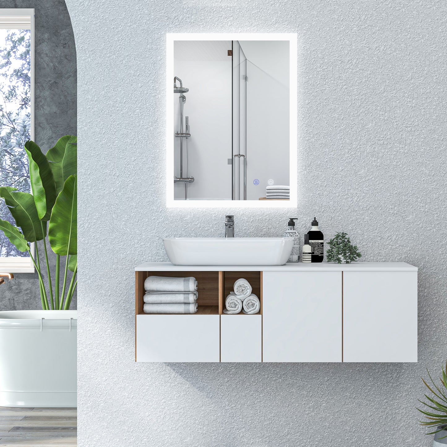 kleankin LED Badezimmerspiegel, Hintergrundbeleuchtung, Touch-Funktion, Memory-Funktion, kein Beschlagen, 80 x 60 cm