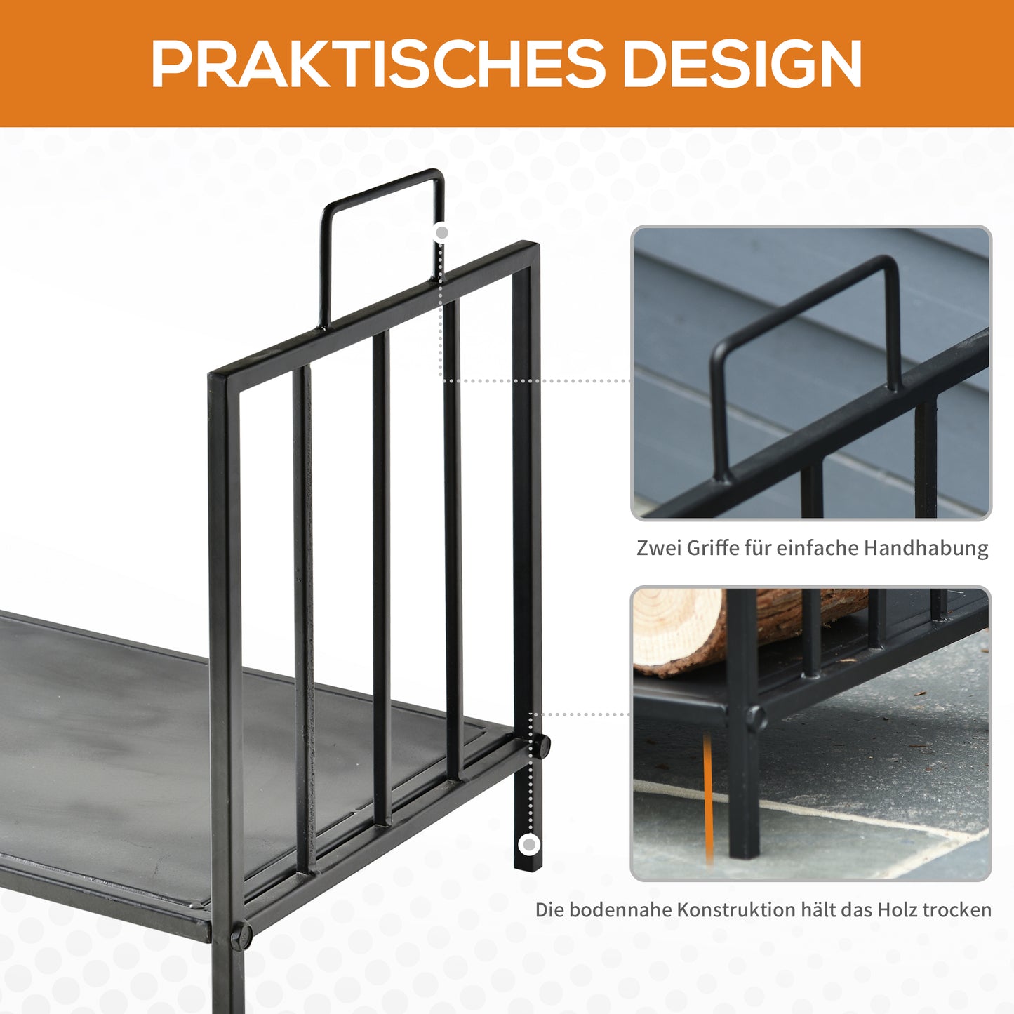 Outsunny Kaminholzregal für innen 44,5 x 33 x 46,5cm Brennholzregal mit Griffe für Feuerholz, Brennholz Metall Schwarz