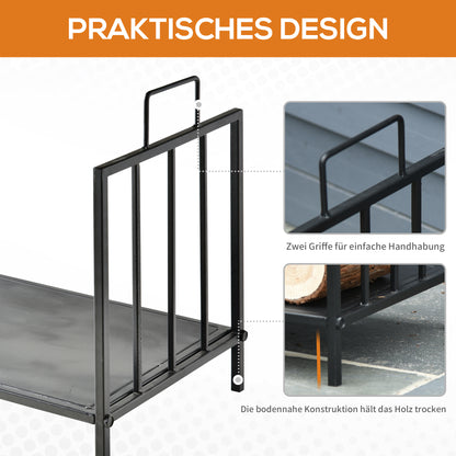 Outsunny Kaminholzregal für innen 44,5 x 33 x 46,5cm Brennholzregal mit Griffe für Feuerholz, Brennholz Metall Schwarz