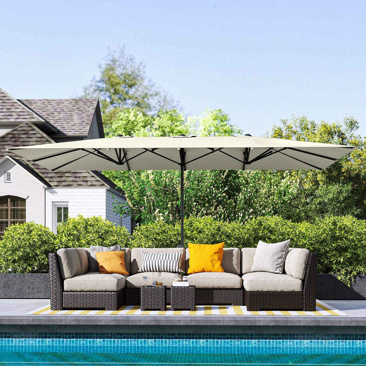 Outsunny Doppelseitiger Schirm، 451 × 264 سم Sonnenschirm mit Kurbelsystem، 12 Metallstreben، Aluminiummast، Cremeweiß