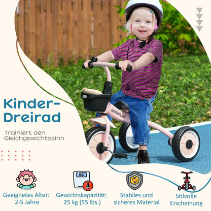 AIYAPLAY Dreirad für Kinder 2-5 Jahre, höhenverstellbarer Sitz, Klingel, Fahrradkorb, Metallrahmen, Rosa