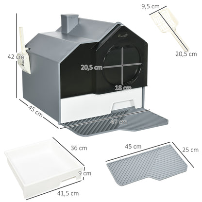 PawHut Katzentoilette im niedlichen Design, 1 Siebvorleger, 1 Streuschaufel, herausnehmbare Bodenwanne, Grau