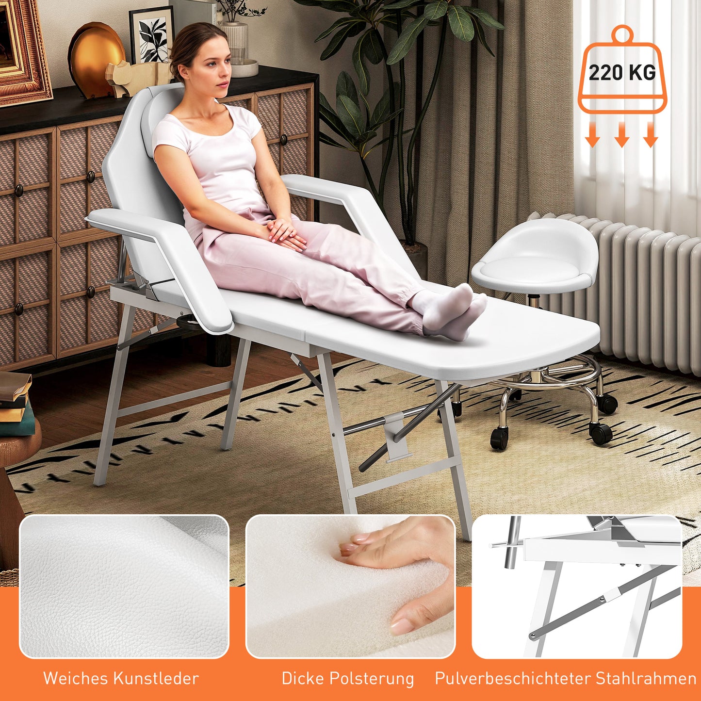HOMCOM Tragbarer Massagetisch, Klappbare Massageliege mit Kunstleder-Bezug, Schaumstoff-Polsterung, Stahlrahmen, Weiß