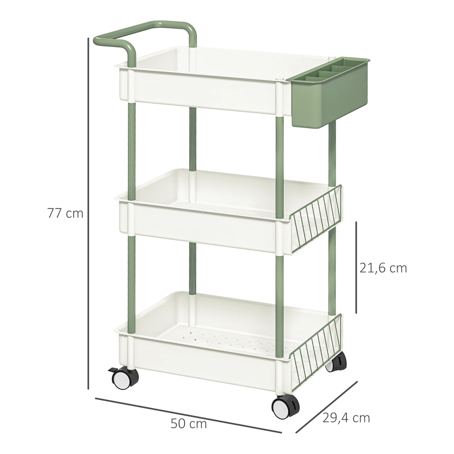HOMCOM Rollwagen, 3 Etagen, Hängekorb, Schiebegriff, 4 Rollen, Metallrahmen, Weiß, 50 x 29,4 x 77cm