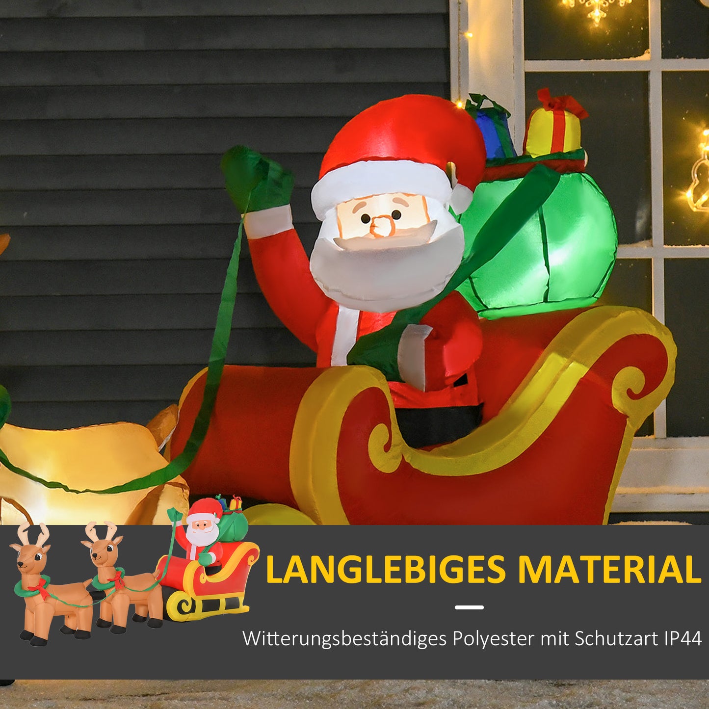 HOMCOM Aufblasbarer Weihnachtsmann mit Schlitten, 6 LED-Lichter, wasserdicht, 240 x 57 x 112 cm