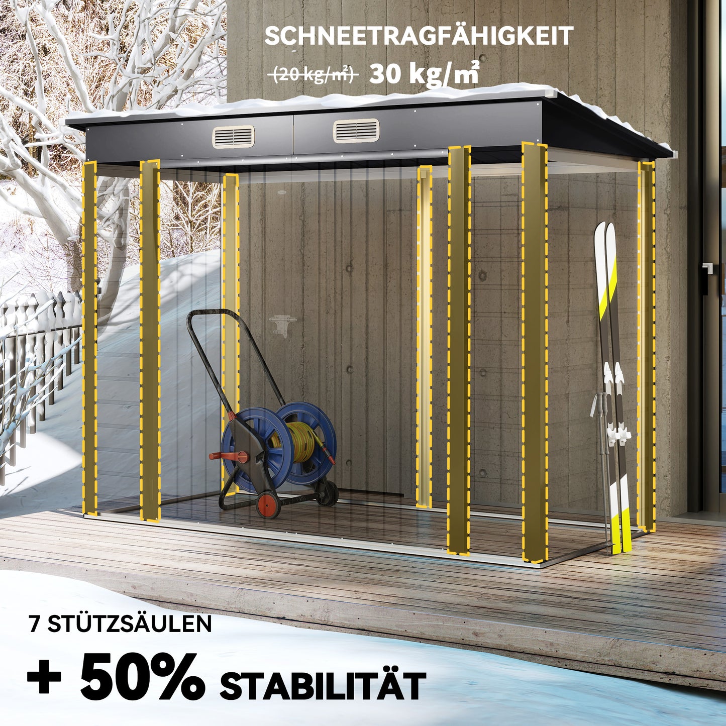 Outsunny Stahlgartenschuppen, Geräteschuppen, Doppeltüren, 249B x 121T x 166/183Hcm, Grau