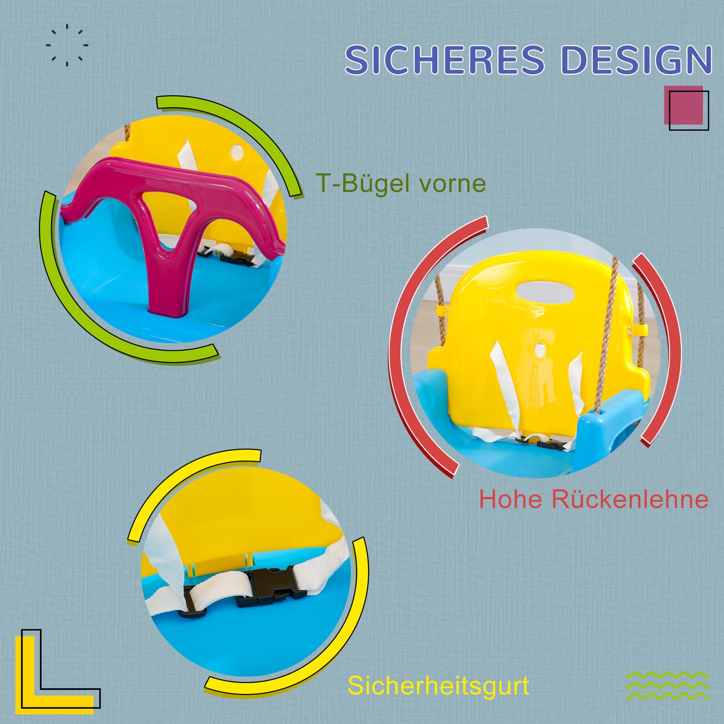 Outsunny 3-in-1 Kinderschaukel, höhenverstellbar, abnehmbare Rücklehne, für In- und Outdoor, blau+gelb, 42 x 33 x 180 cm