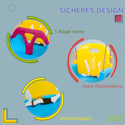 Outsunny 3-in-1 Kinderschaukel, höhenverstellbar, abnehmbare Rücklehne, für In- und Outdoor, blau+gelb, 42 x 33 x 180 cm