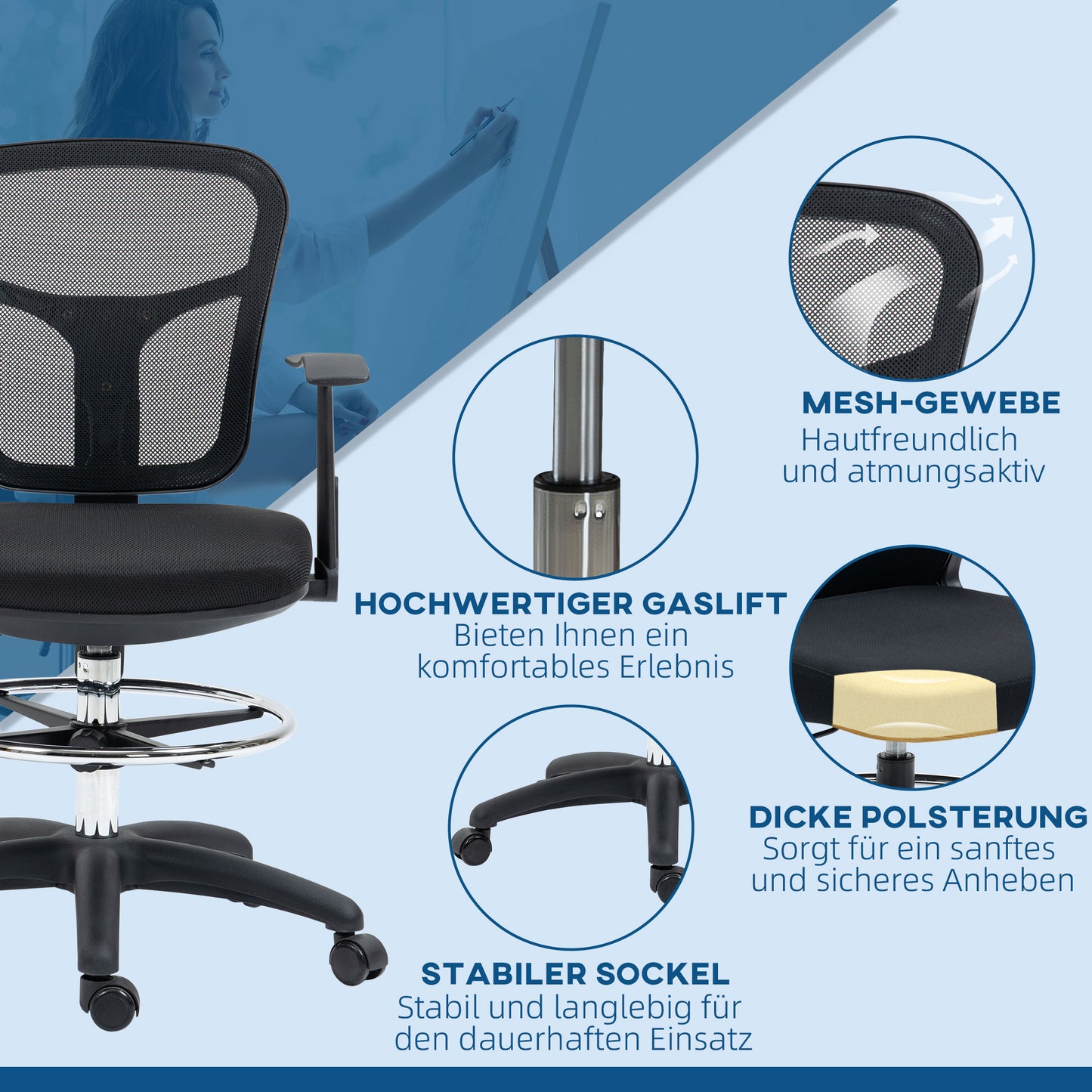 Vinsetto Zeichenstuhl Schreibtischstuhl Computerstuhl, inkl. Fußstütze, höhenverstellbar, 59 x 59 x115 cm, Schwarz