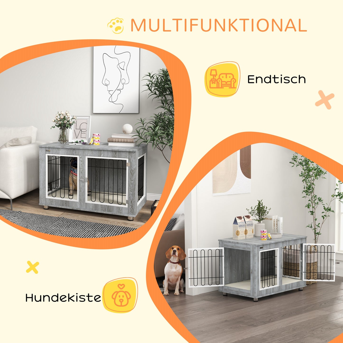 PawHut Hundekäfig Hundebox waschbares Polster, 2 Verriegelungen, 90 cm x 58 cm x 65 cm, Grau