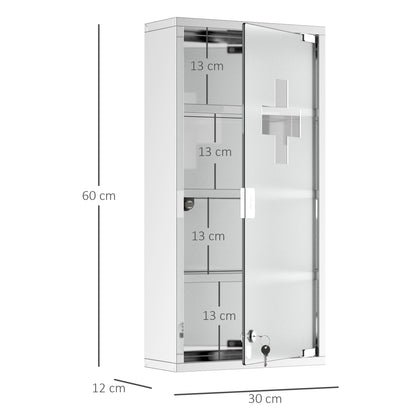 HOMCOM Medizinschrank Arzneischrank aus Edelstahl, Abschließbar Medikamentenschrank mit 4 Fächern, Glastür Apothekerschrank zur Medikamenten-Aufbewahrung, 30 x 12 x 60 cm
