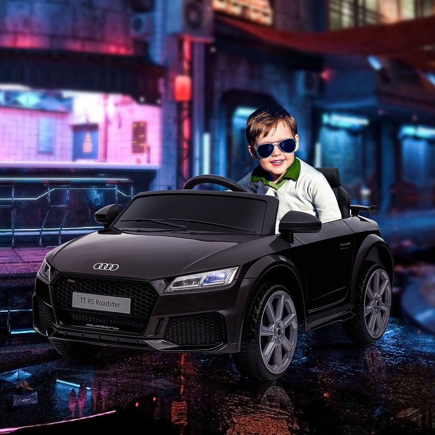 HOMCOM Kinder-Elektroauto Audi, mit 2,4G Fernbedienung, Musik, Hupe, LED, USB, für Kinder 3-5 Jahre, Schwarz