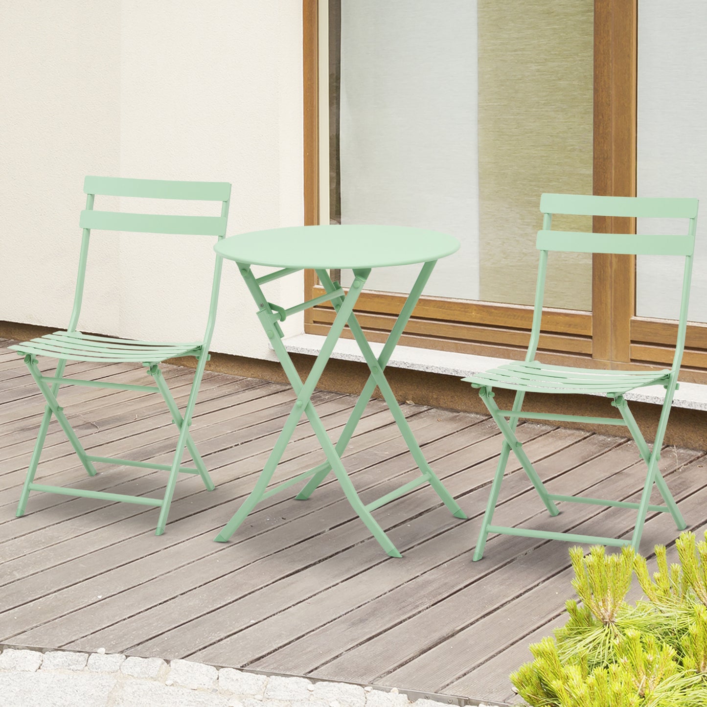 Outsunny Gartenset für 2 Personen Garnitur Balkonmöbel Set Bistrotisch mit 2 Stühlen für Hof Garten klappbar Grün