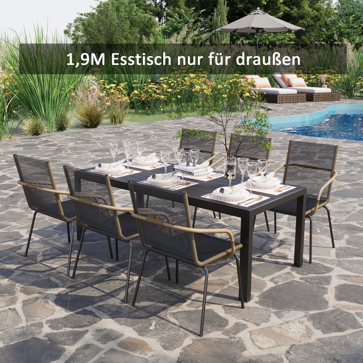 Outsunny Gartentisch Kunststoff 190 x 84,5 x 72 cm Wetterfest, Holz Optik, Holzstrukur, rutschfest Buffettisch Campingtisch Balkontisch Terrassentisch Outdoor Esstisch für Garten, Balkon Schwarz