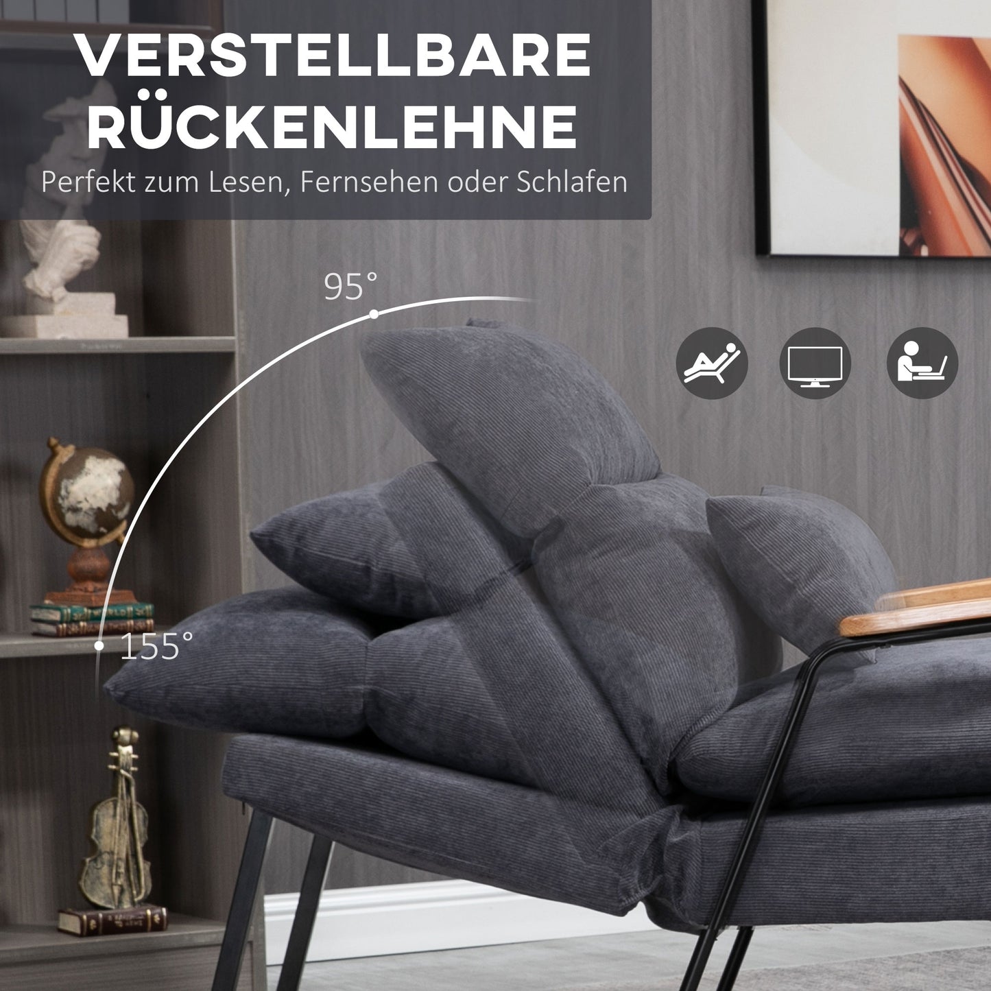 HOMCOM Sessel mit Ottomane, inkl. Kissen, 68 cm x 91,5 cm x 88 cm, Grau