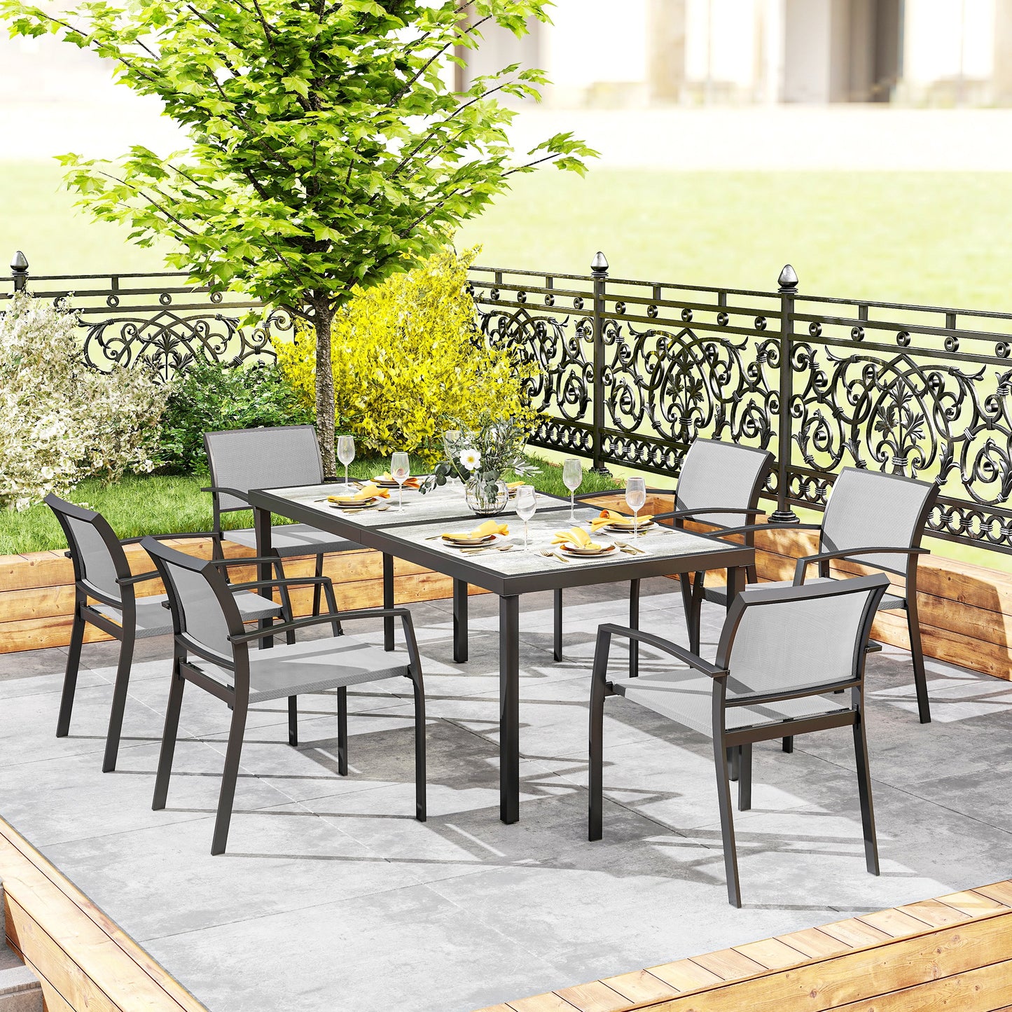 Outsunny 7-teiliges Ess-Set, 6 Stühle, 1 Tisch, stapelbar, leicht zu reinigen, Stahlrahmen, Gartenmöbel-Set, Grau