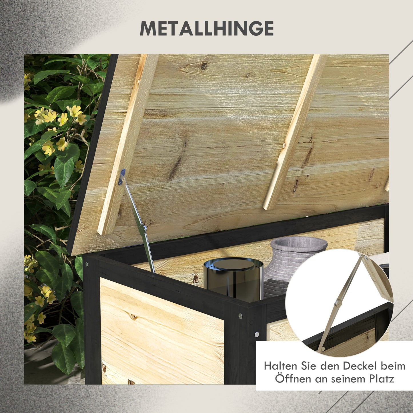 Outsunny Garten-Aufbewahrungsbox, 121 Liter, 2 Räder, wetterfest, Metallscharniere, Naturholz, 100x50x43 cm