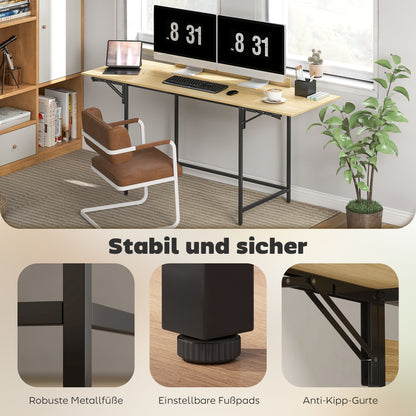 HOMCOM Klappbarer Computertisch mit 2 Ausziehplatten, viel Platz für Monitore, Metallbeine, robuste Konstruktion, Eiche+Schwarz