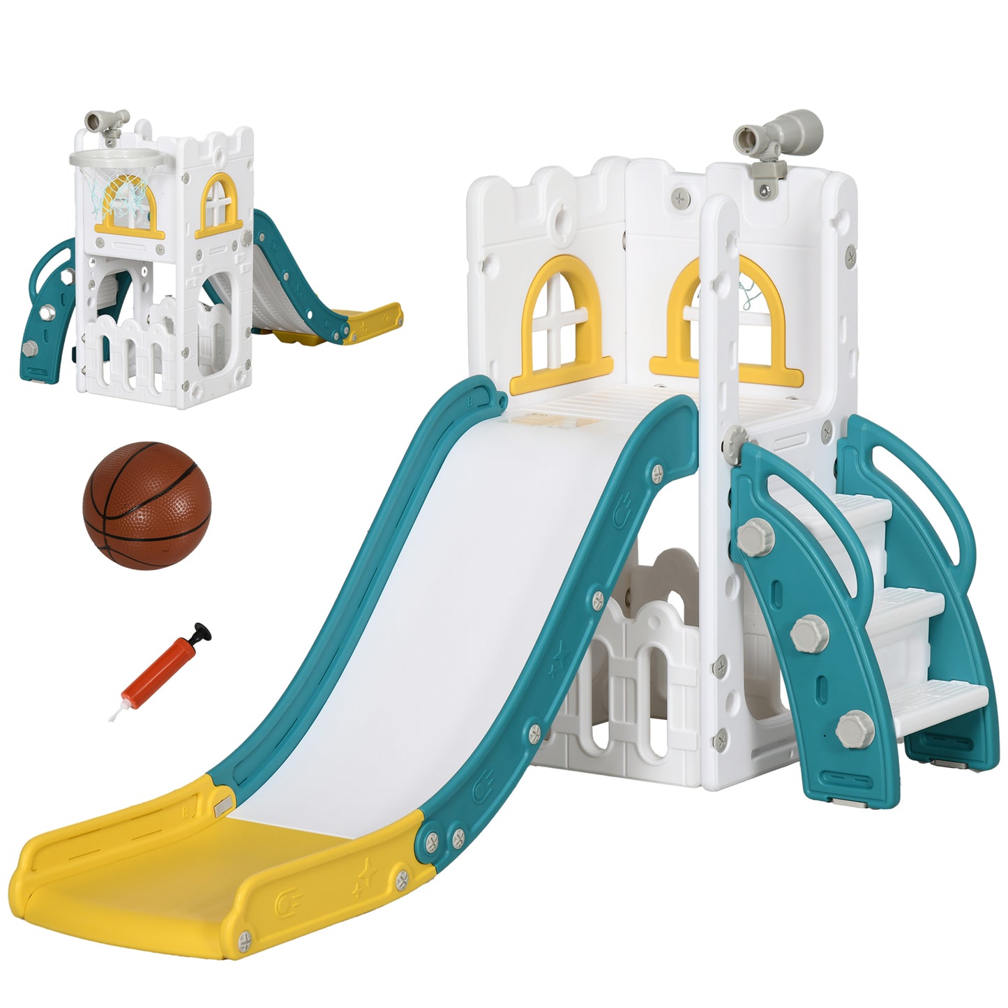 AIYAPLAY Kinderrutsche, 4 in 1, Kleinkinderrutsche mit Basketballkorb, Teleskop Klettergerüst Gelb 70 x 177 x 92 cm