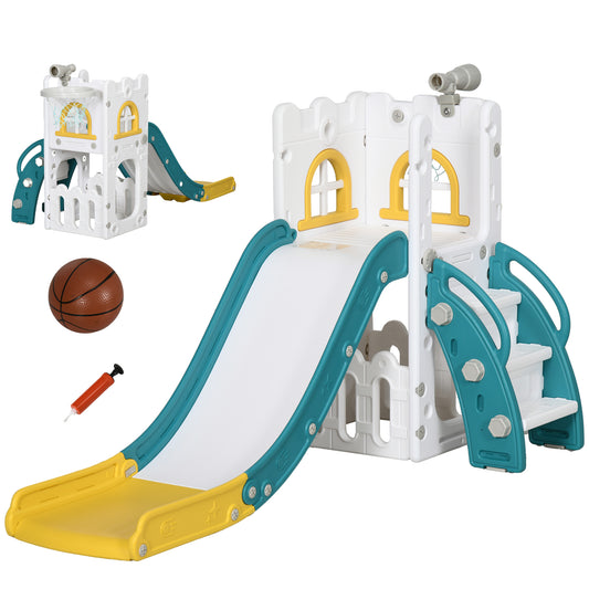 AIYAPLAY Kinderrutsche, 4 in 1, Kleinkinderrutsche mit Basketballkorb, Teleskop Klettergerüst Gelb 70 x 177 x 92 cm