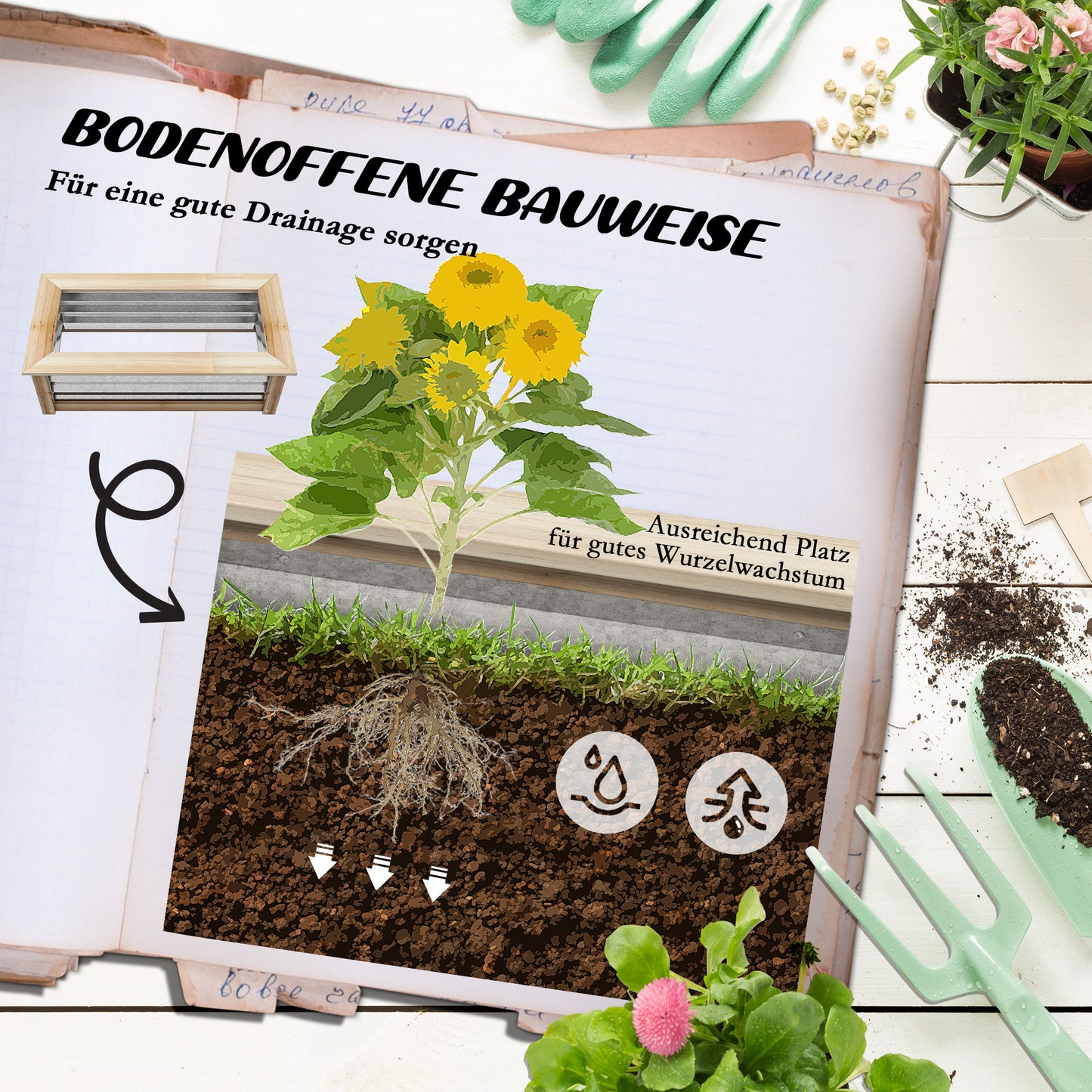 Outsunny Hochbeet, selbstentwässernd, offener Boden, Metall+Holz, 90 x 45 x 30cm