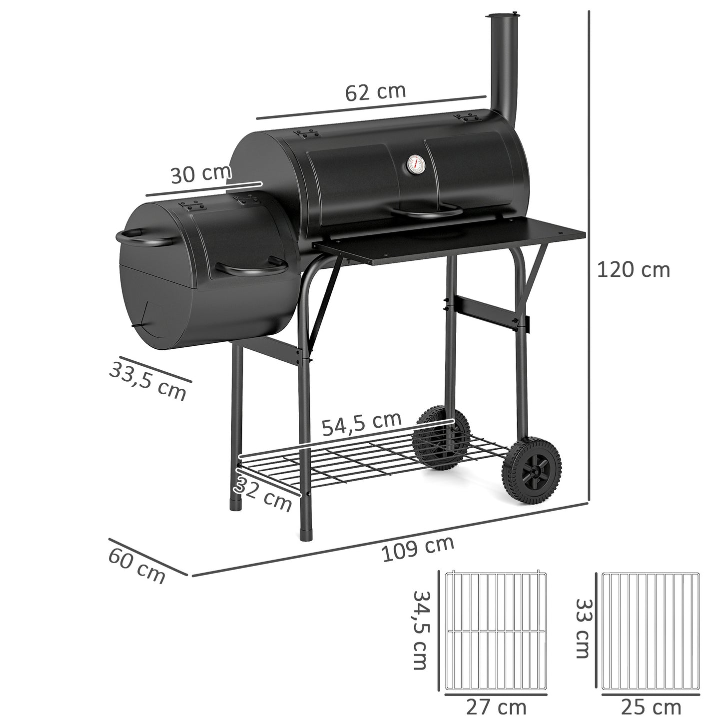 Outsunny Holzkohlegrill aus Stahl BBQ Smoker mit Deckel Thermometer Räder Luftzufuhr Kohlewanne