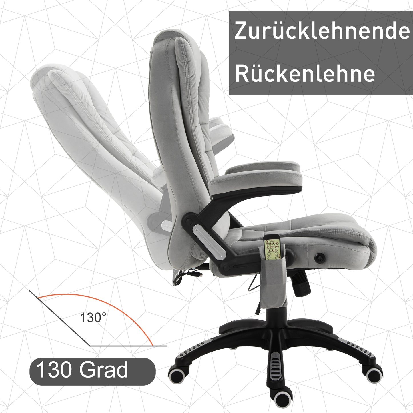 Vinsetto Bürostuhl mit Massagefunktion Ergonomischer Chefsessel mit Heizfunktion, Liegefunktion, Wippfunktion Höhenverstellbar 360° Drehbar Computerstuhl mit Seitentasche, Samtoptik, Grau