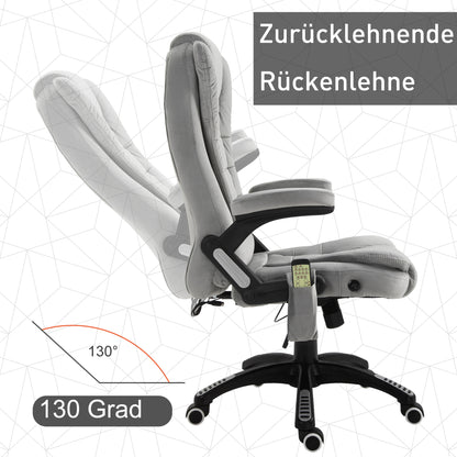 Vinsetto Bürostuhl mit Massagefunktion Ergonomischer Chefsessel mit Heizfunktion, Liegefunktion, Wippfunktion Höhenverstellbar 360° Drehbar Computerstuhl mit Seitentasche, Samtoptik, Grau