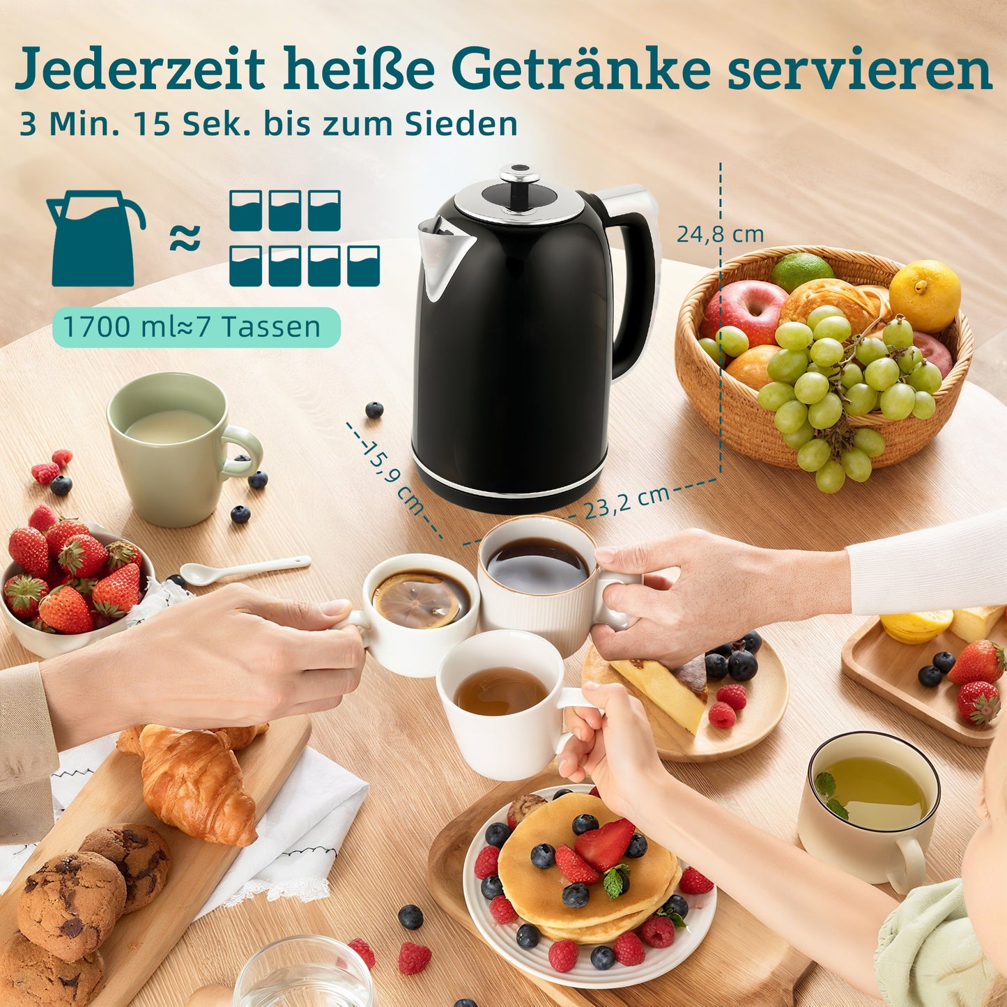 HOMCOM Wasserkocher- und Toaster-Set, LED-Anzeige, 1,7 Liter, 2200W, Retro-Design, Memory-Funktion, Schwarz