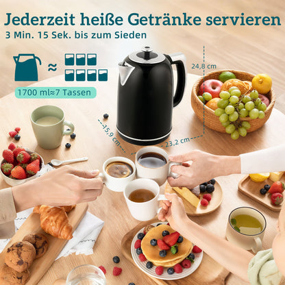 HOMCOM Wasserkocher- und Toaster-Set, LED-Anzeige, 1,7 Liter, 2200W, Retro-Design, Memory-Funktion, Schwarz
