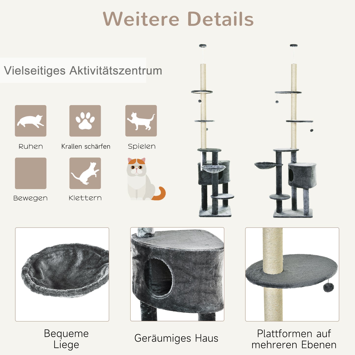 PawHut Kratzbaum deckenhoch Höhe 220-265 cm Katzenbaum mit Spielbälle, Katzenhöhle, Hängematte, Sisalstämme, Plattformen mehrstöckiger Katzenkratzbaum Kletterbaum für mittelgroße Katzen, Dunkelgrau