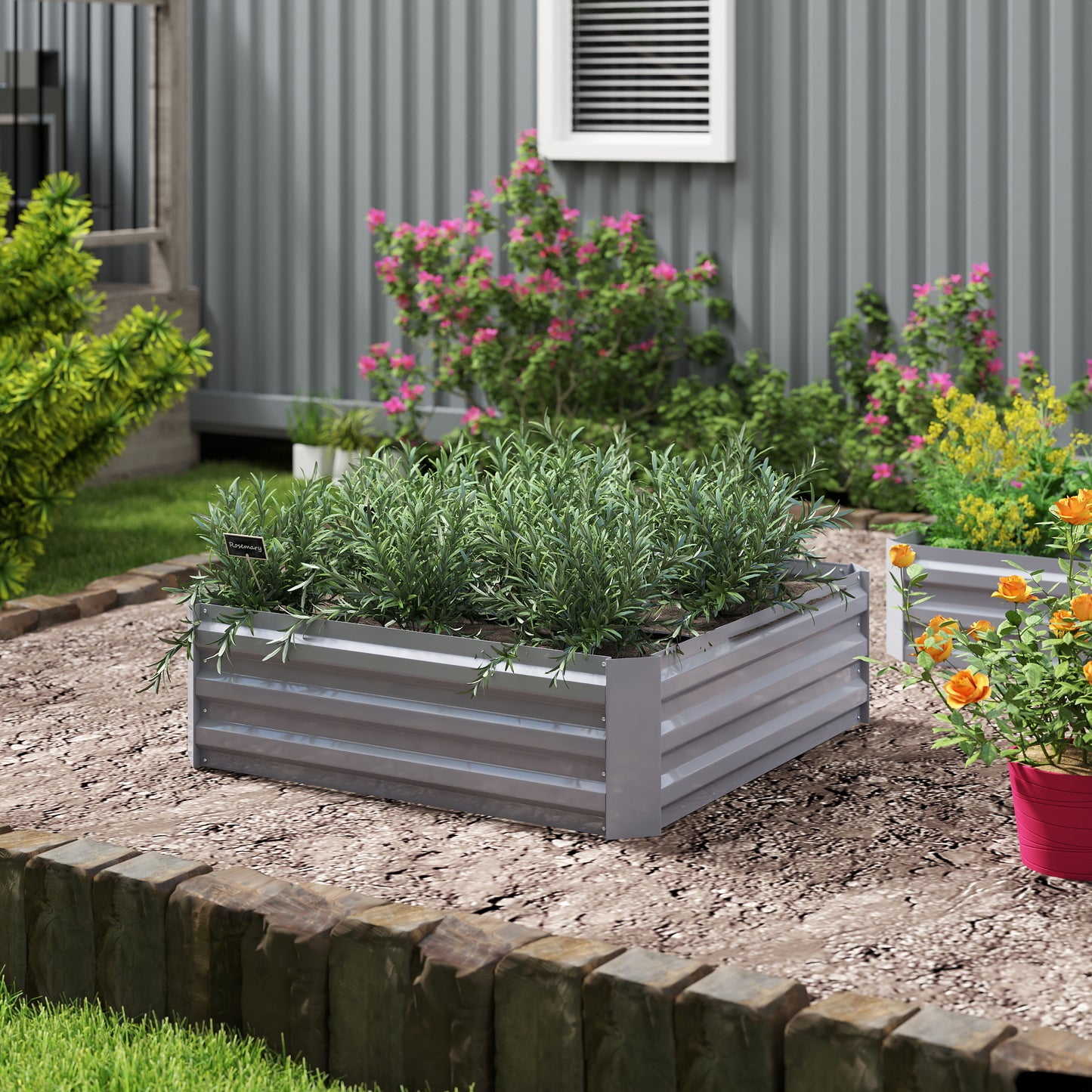 Outsunny Pflanzkasten, 2er-Set, Blumenkasten, offener Boden, Stahlrahmen, grau, (2 x) 100 x 100 x 30 cm