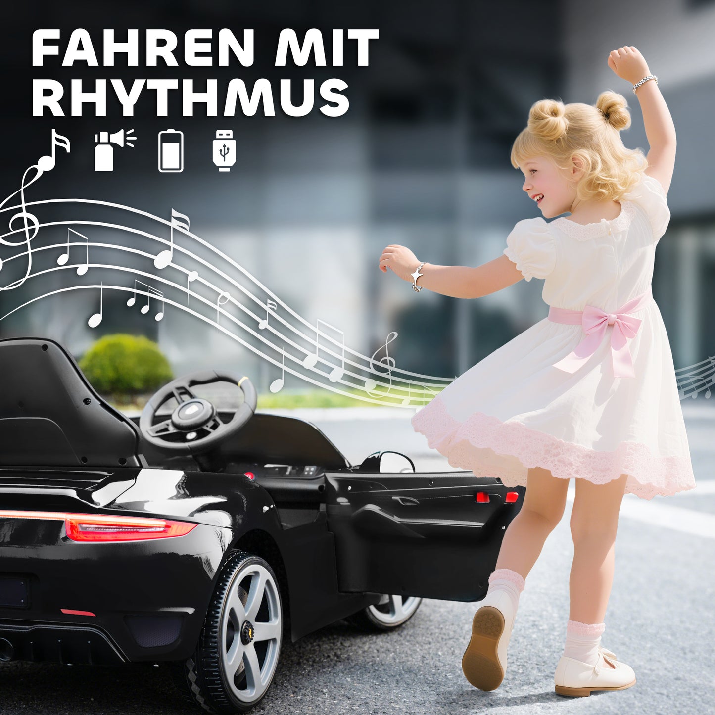 AIYAPLAY Elektrisches Aufsitzauto für Kinder, fernsteuerbar, Musik, Hupe, USB, Sicherheitsgurt, für 3-5 Jahre, Schwarz
